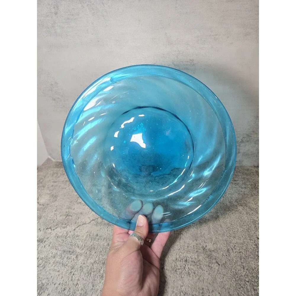 RARE 10” Blown Aqua Blue Glass Shallow Bowl With  Optic Swirl/Folded Rim Vintage